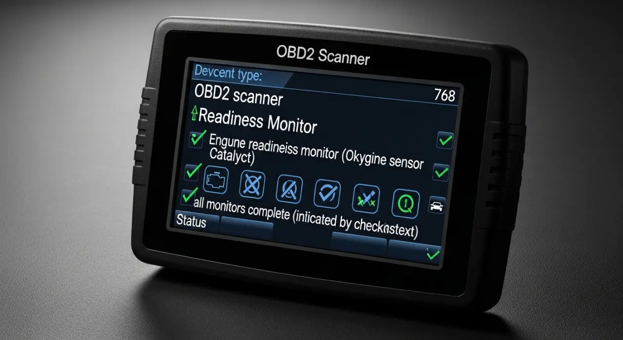 OBD2 scan tool displaying I/M readiness monitor status on a workshop bench next to a Japanese sports car