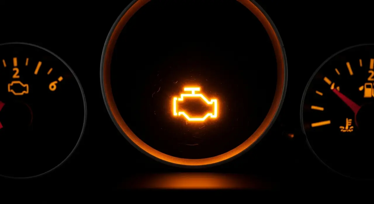 A driver's hand holding an OBD2 Bluetooth scanner plugged into the diagnostic port beneath a steering column, dashboard amber check engine warning light glowing in the background, interior of a Japanese sports car, realistic workshop lighting, photorealistic