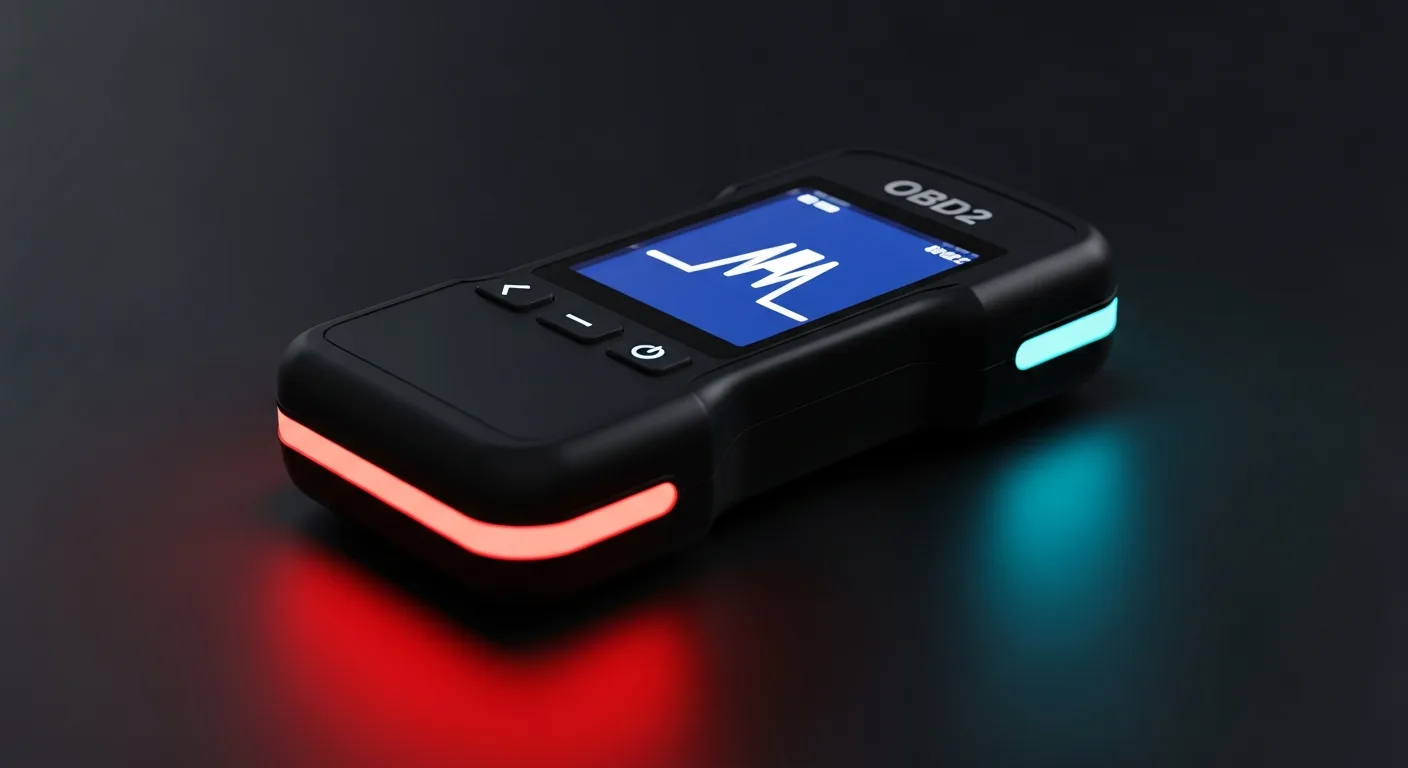 A handheld OBD2 scanner connected to a car's OBD2 port under the dashboard, workshop setting with a JDM sports car in the background