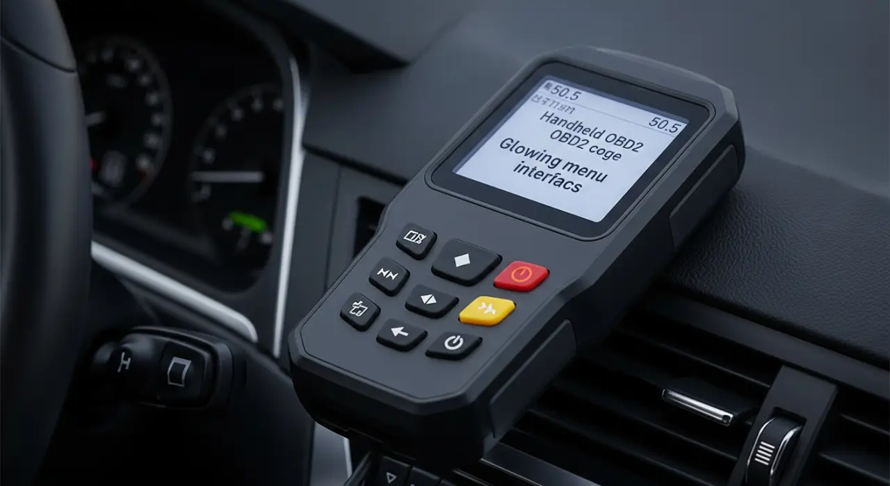 An OBD2 scanner screen showing an I/M readiness monitor status list with multiple incomplete entries, resting on a car seat next to a notebook and pen, photorealistic