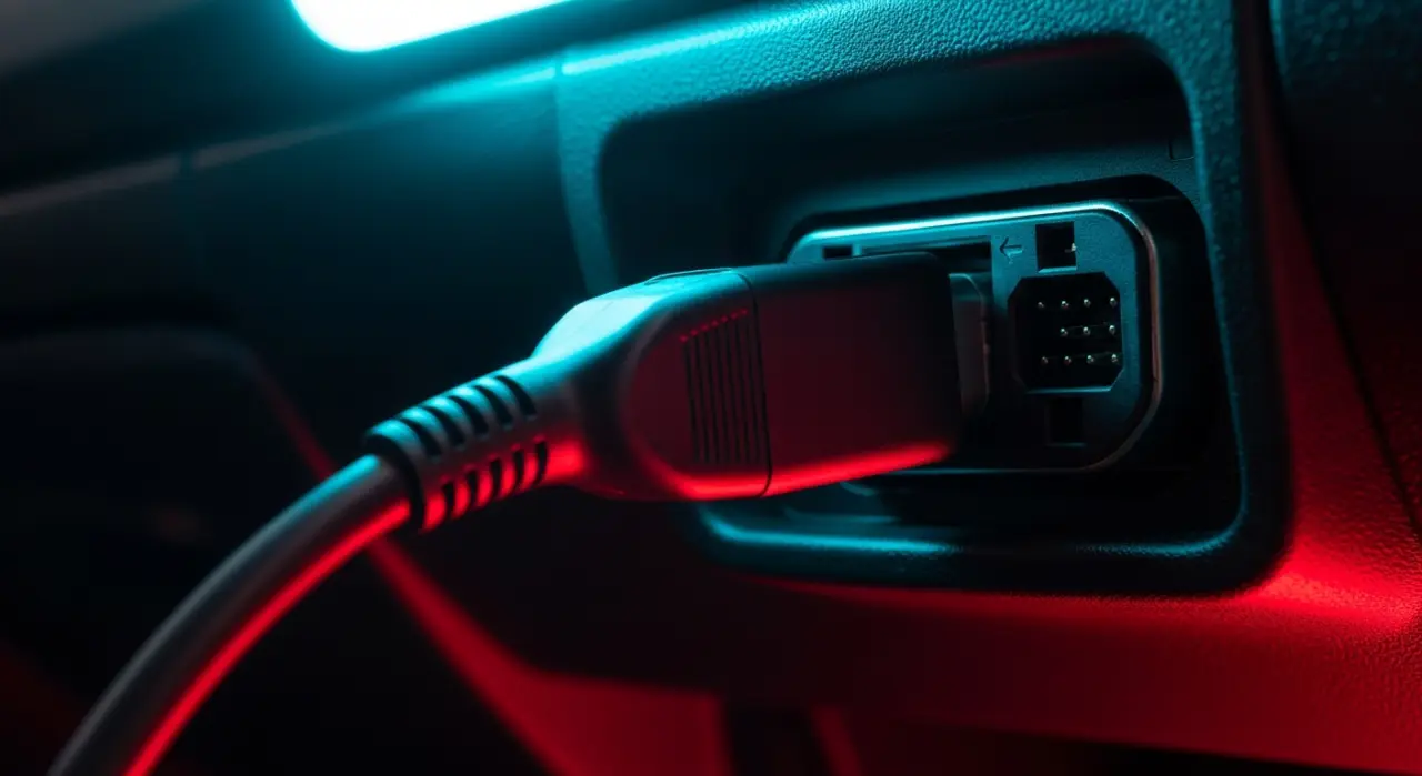A mechanic's hand reaching under a car dashboard to locate the OBD2 port, workshop environment with soft tool-chest lighting in the background