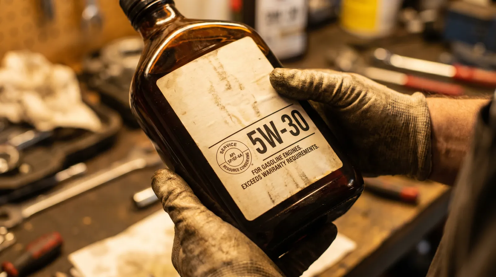 Close-up of an oil bottle back label showing viscosity grade, API donut and ACEA specification