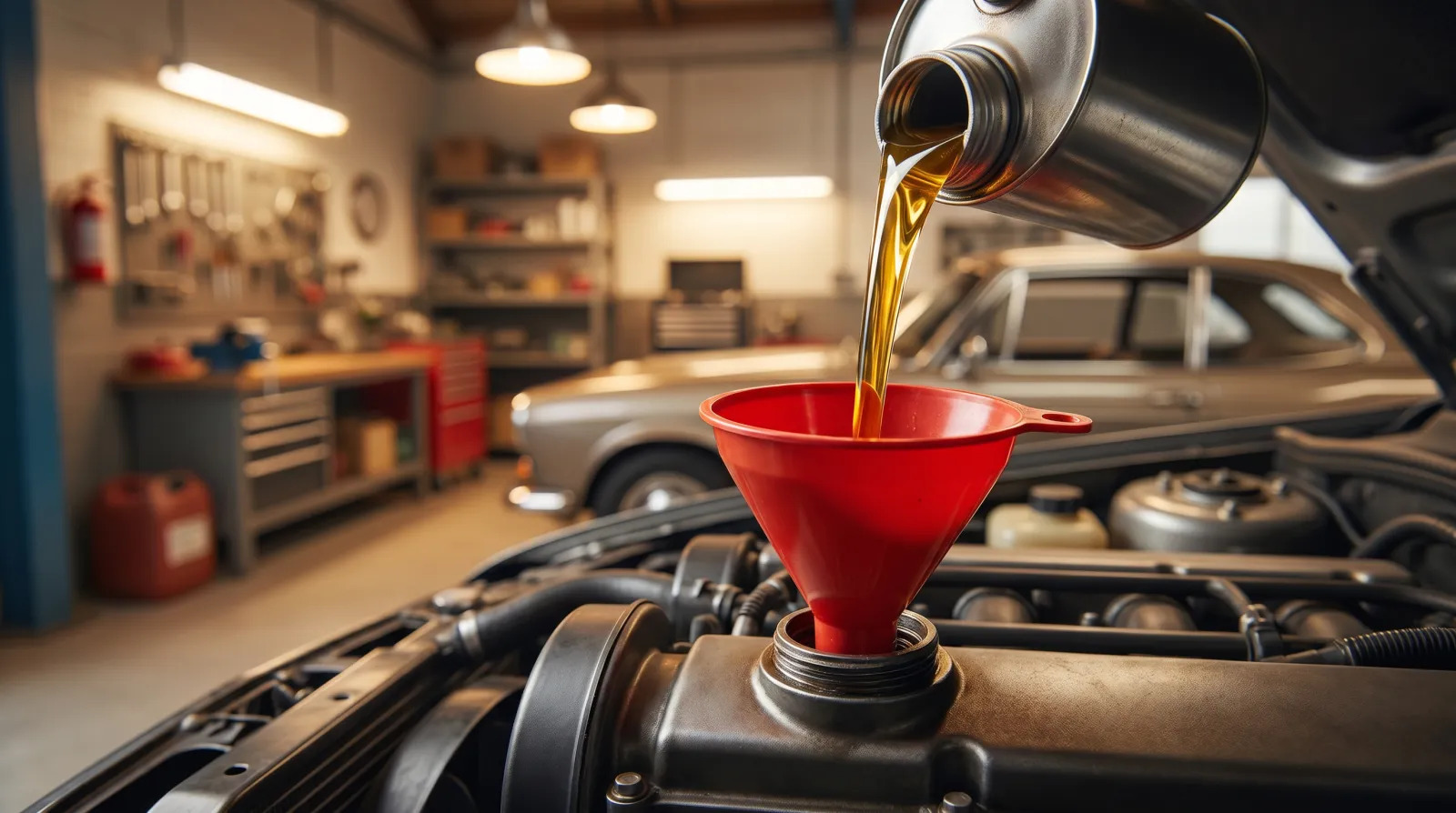 Fresh engine oil being poured through a funnel into an engine in a clean home garage