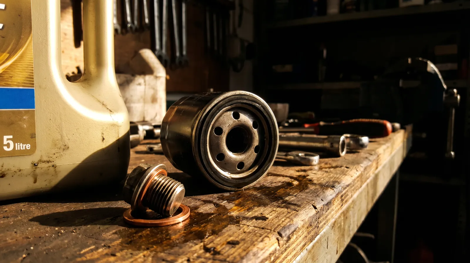 DIY oil change parts — oil bottle, filter and crush washer — on a dark workshop bench with dramatic side lighting