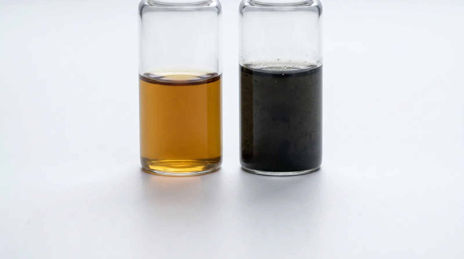 Side-by-side sample vials of fresh amber oil and dark contaminated used oil