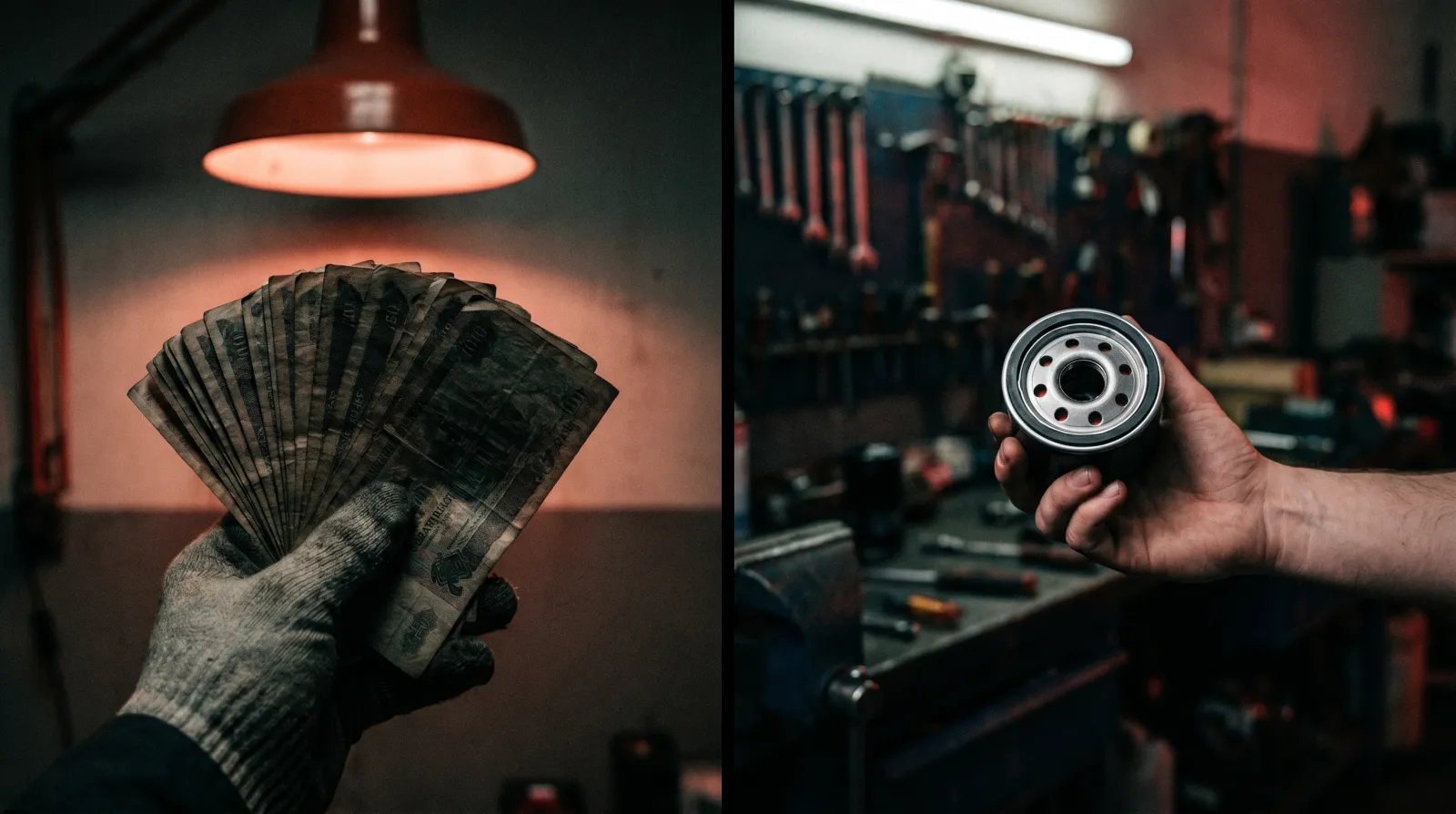 Cash in one hand and a clean oil filter in the other against a dark garage background