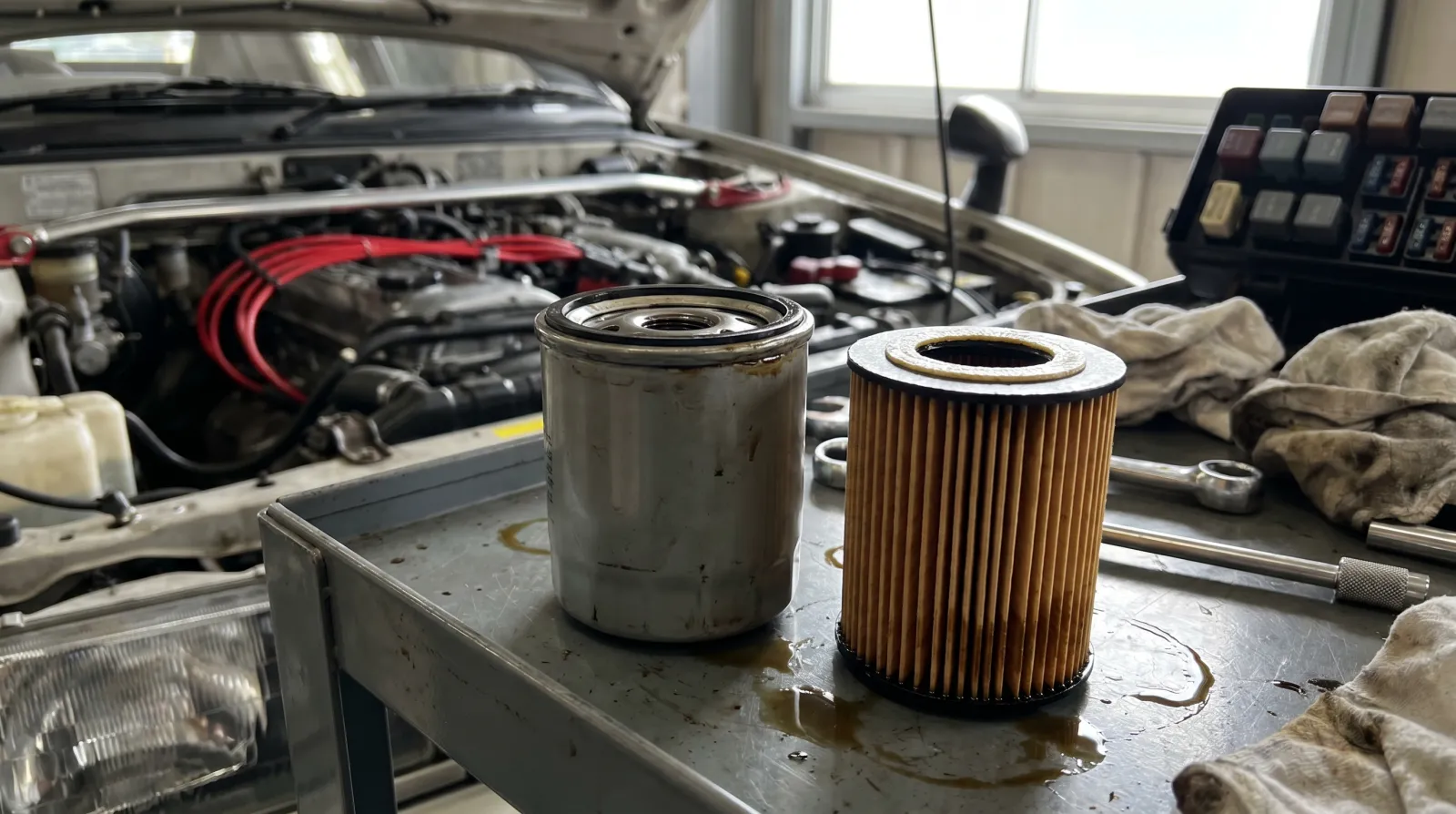 A spin-on oil filter and a cartridge filter element side by side on a workshop bench