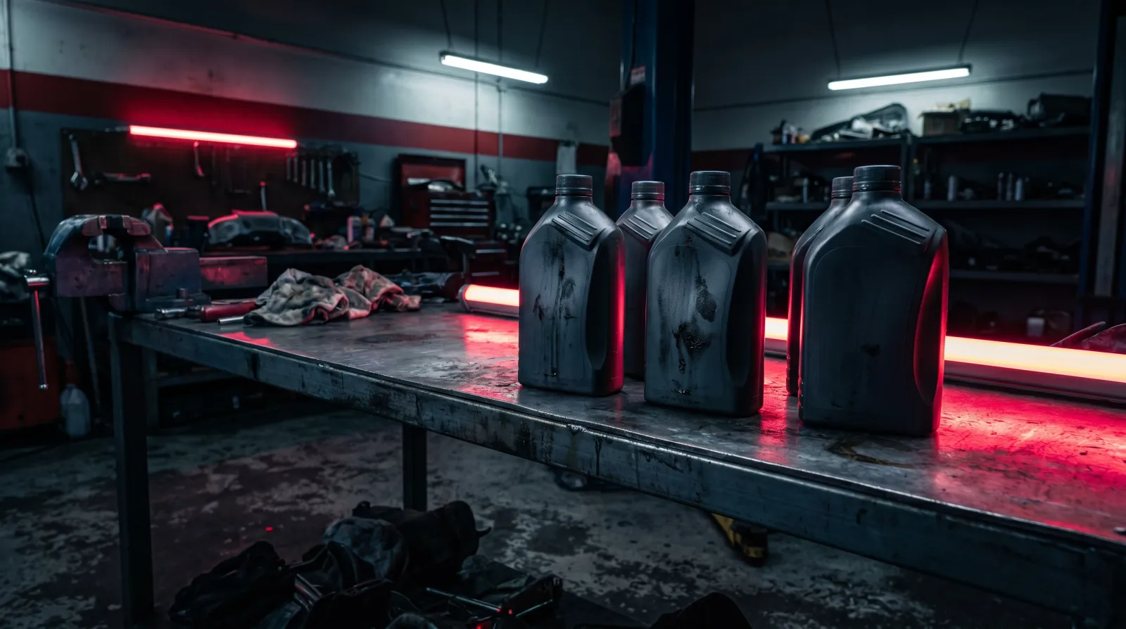 Four motor oil bottles of different grades lined up on a workshop bench under neon-lit garage lighting