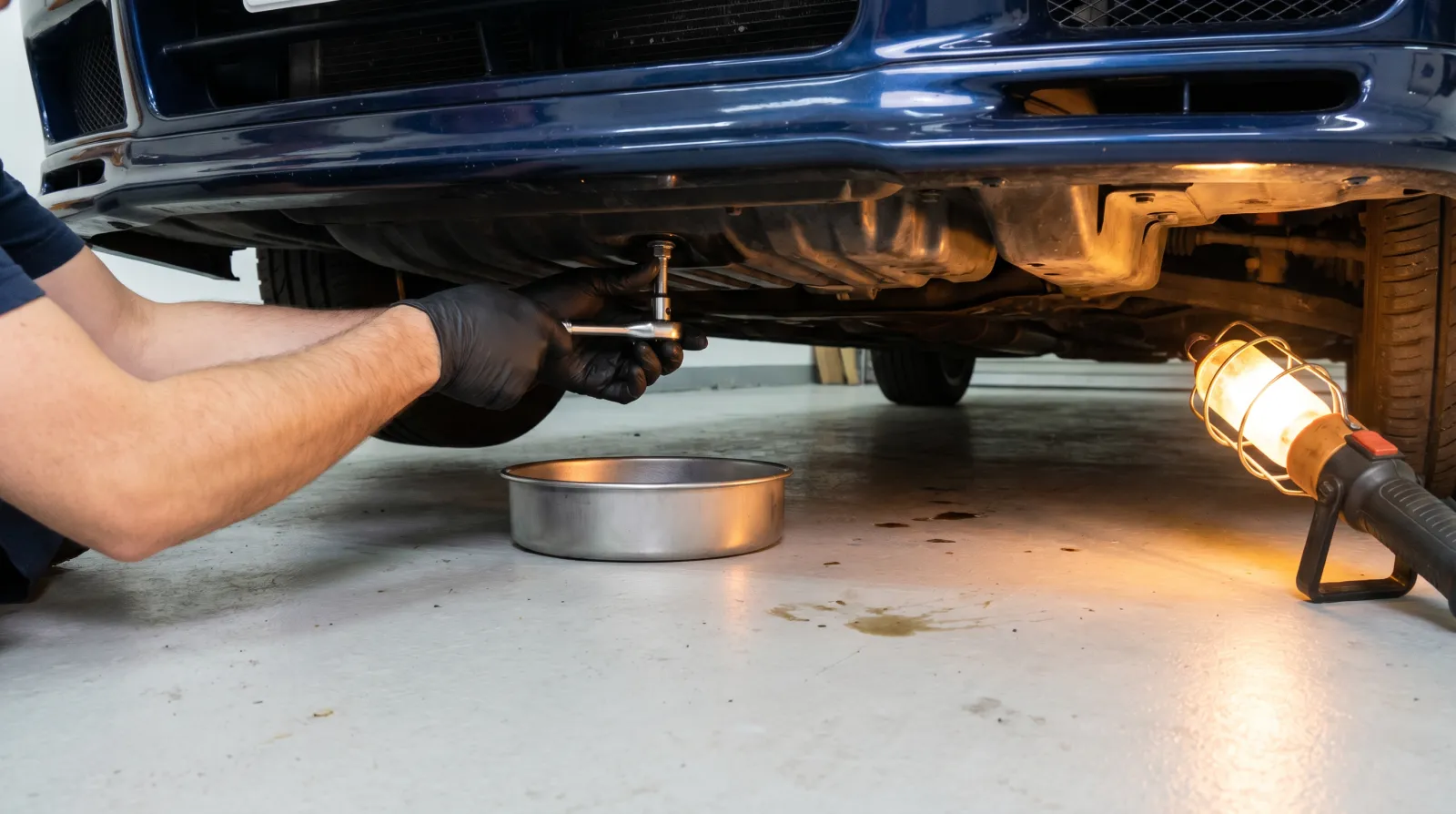 Gloved hands using a ratchet to loosen an oil drain plug under a car, drain pan below on a clean garage floor