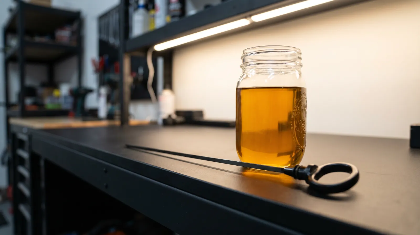 A glass jar of fresh golden engine oil beside a dipstick on a dark workshop bench