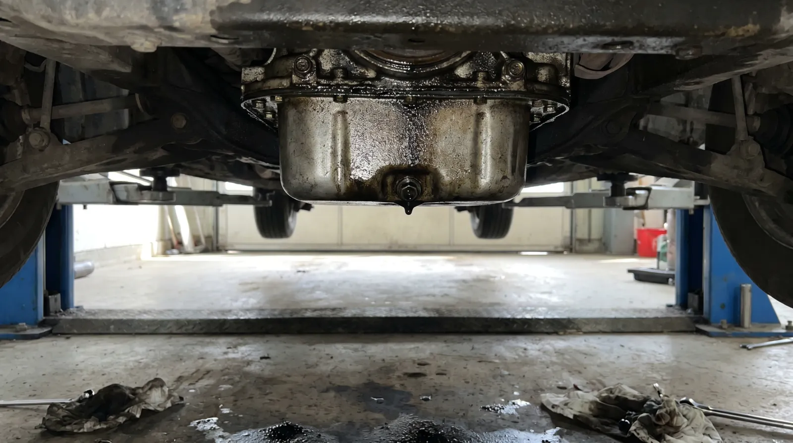 The underside of a car on a hoist showing oil residue around the sump gasket and drain plug