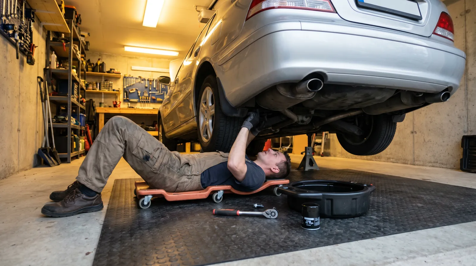 A DIY mechanic checking under a car during an oil change with tools laid out on a mat