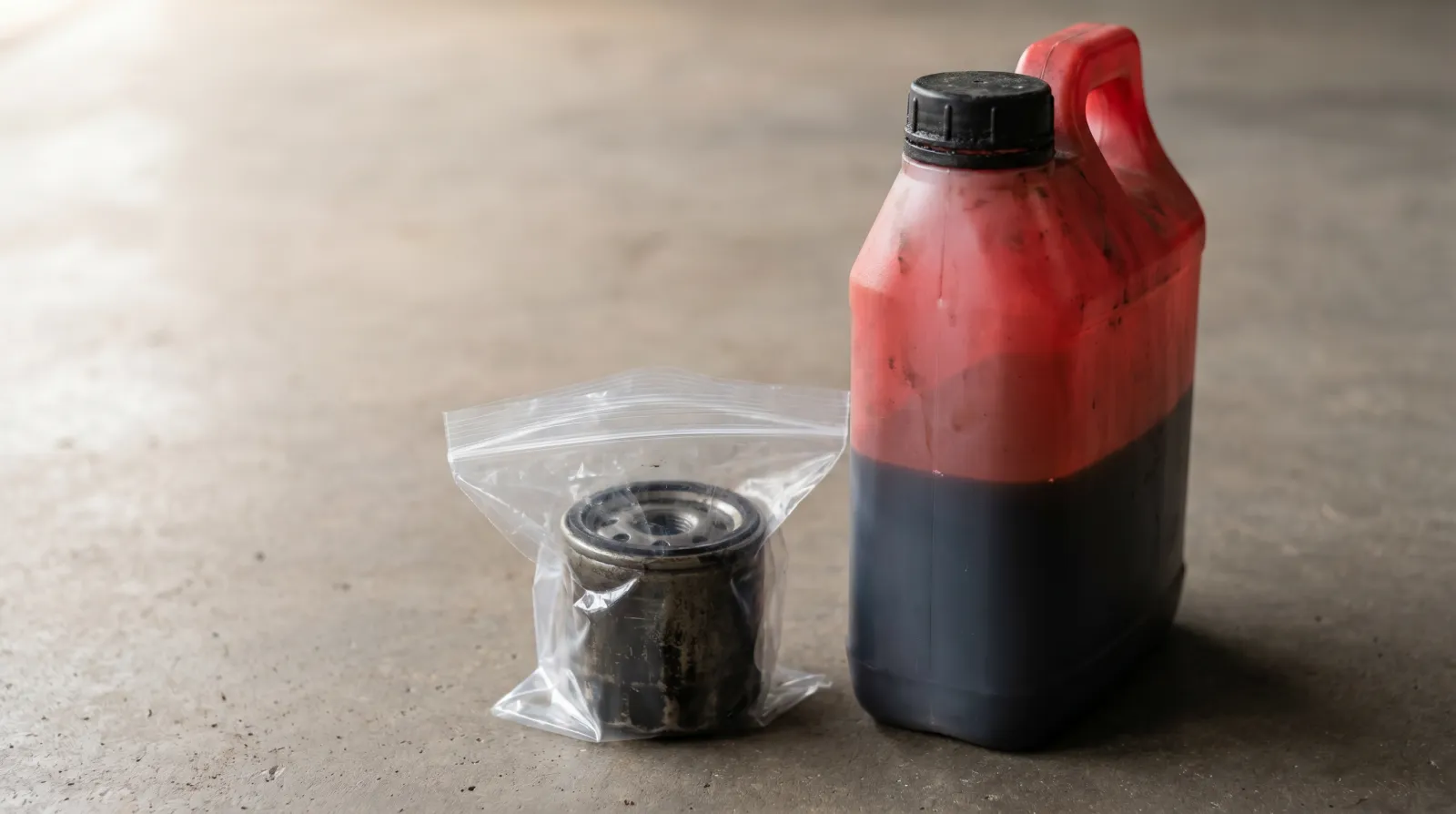 A sealed used-oil jug ready for transport next to an old oil filter in a zip-lock bag