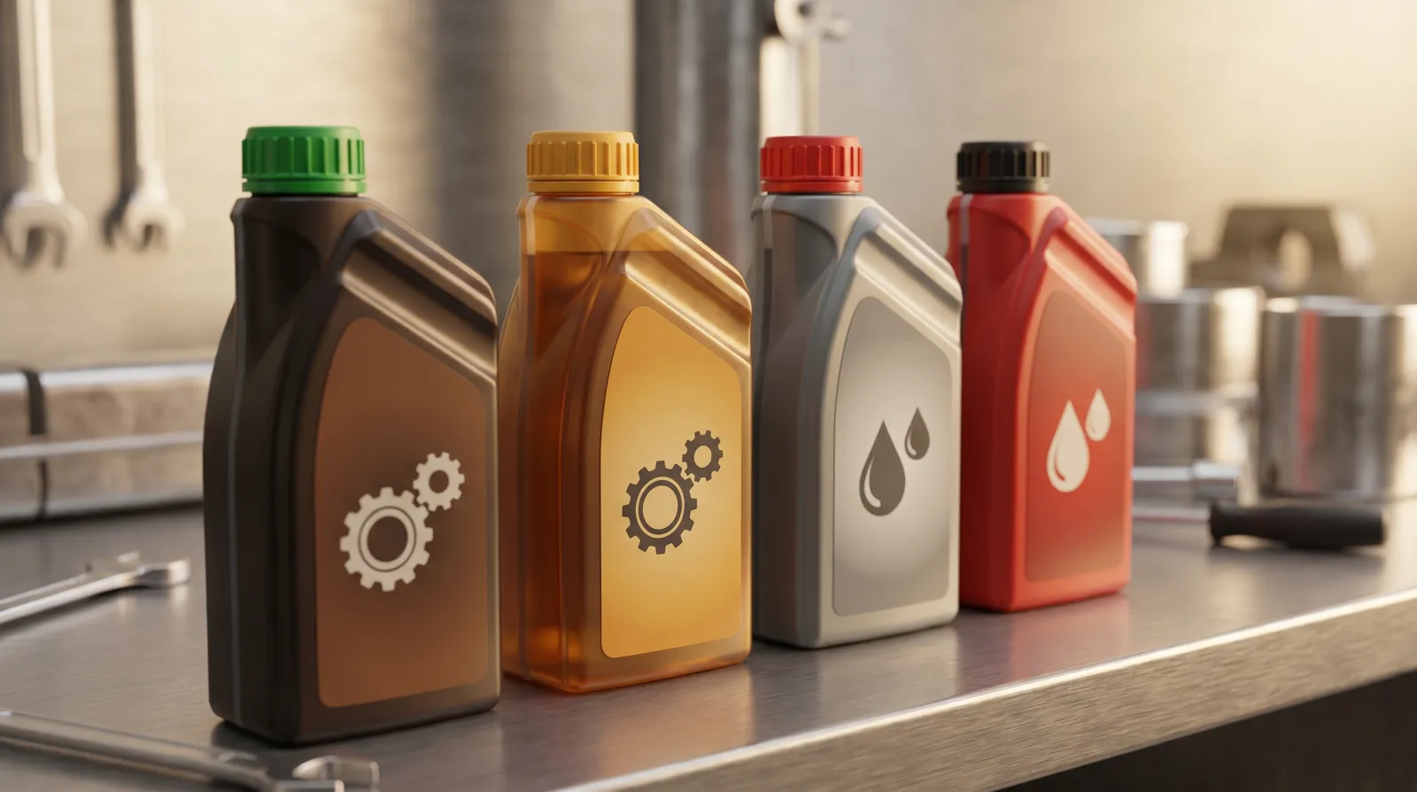 Four motor oil bottles — conventional, blend, full synthetic and high-mileage — on a workshop bench