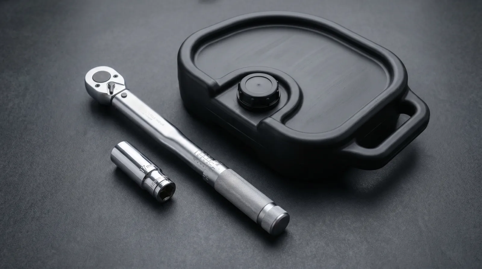 A torque wrench, drain plug socket and sealable oil drain pan on a dark workshop bench