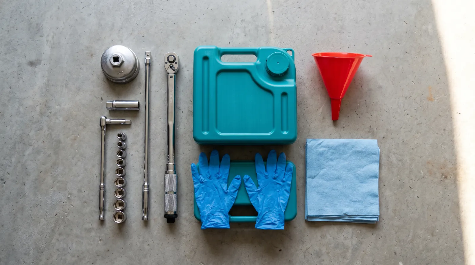 A complete DIY oil change tool kit laid out on a clean garage floor