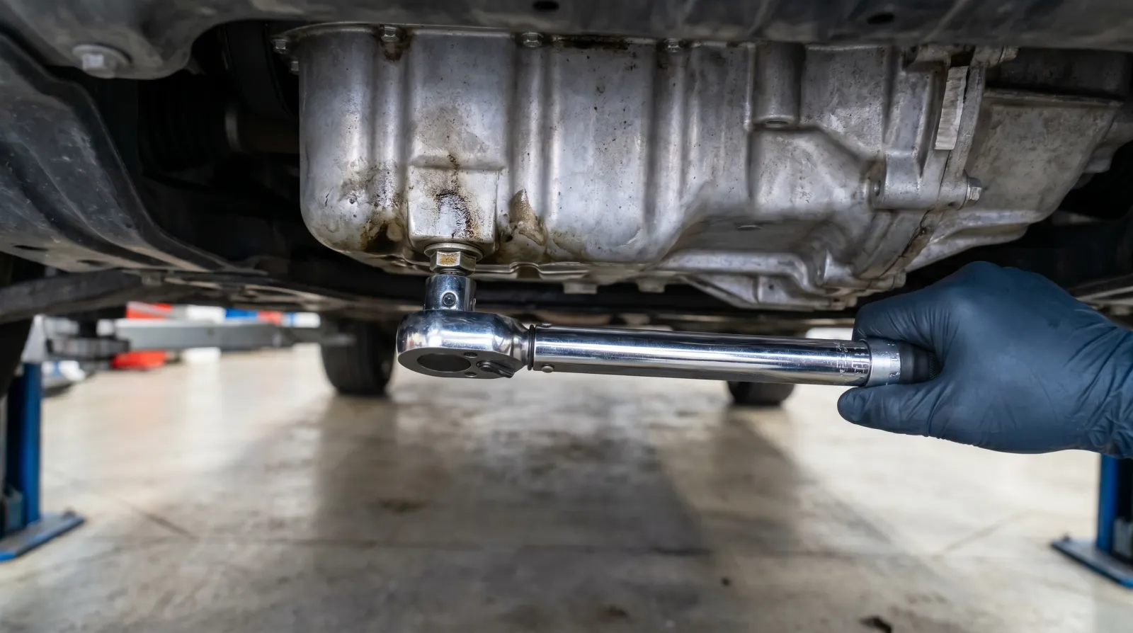 A click-type torque wrench on an oil drain plug beneath a car on axle stands