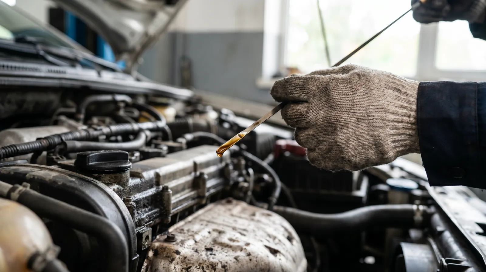 Macro of golden motor oil on a dipstick being pulled from an engine bay