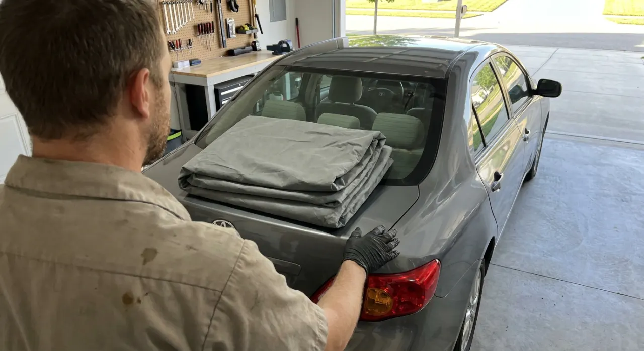 Best Car Covers for Apartments and No Garage — being worked on, seen from behind