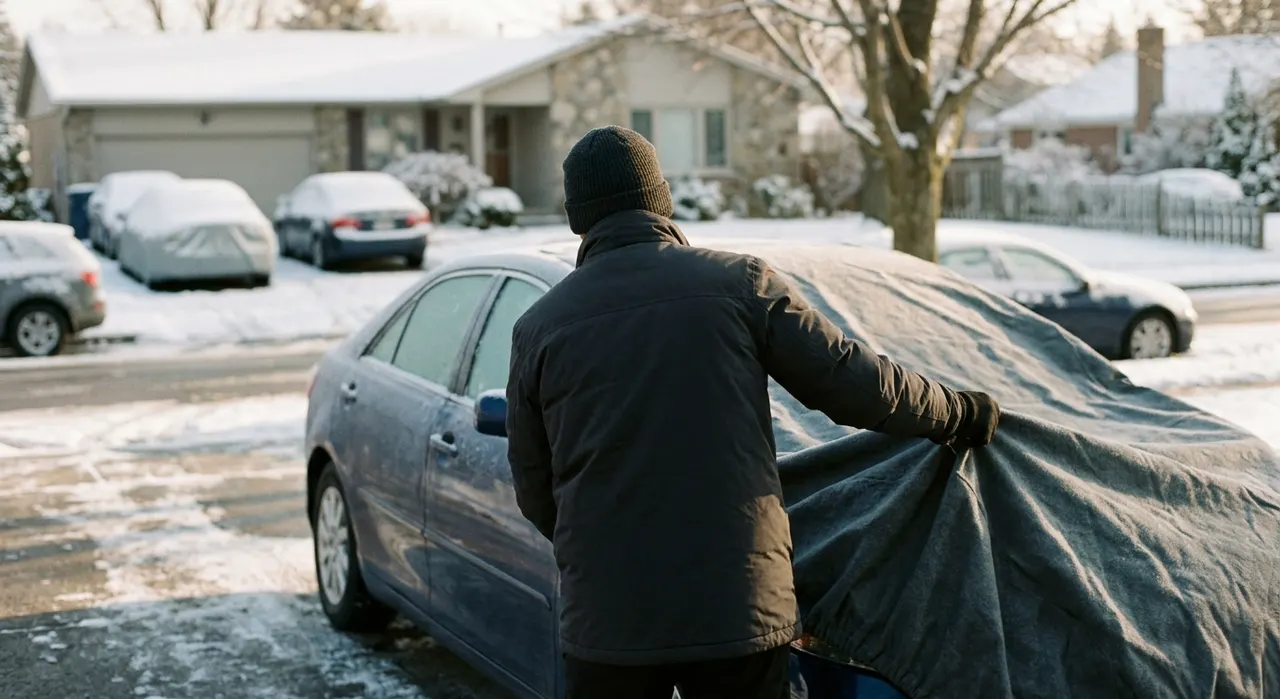 Best Car Cover for Snow — being worked on, seen from behind