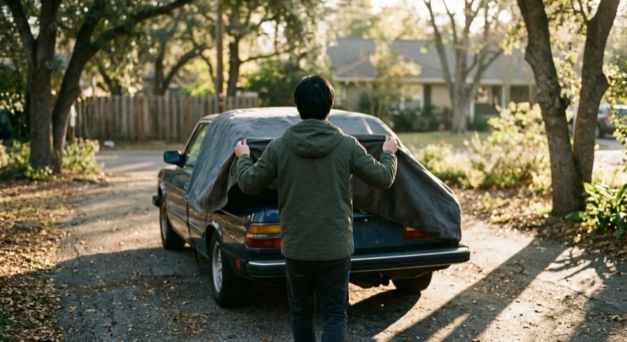 Best Premium Car Covers — being worked on, seen from behind
