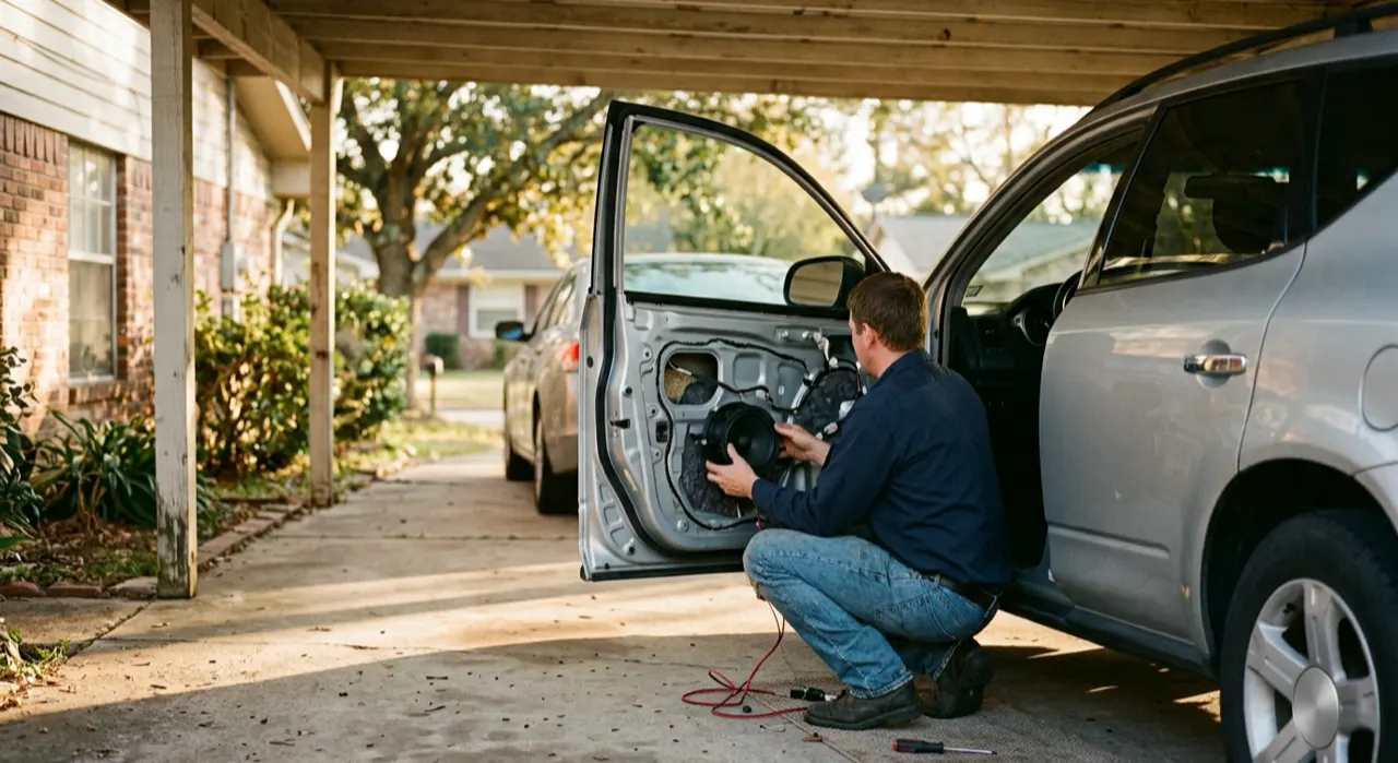 Single DIN vs Double DIN — being worked on, seen from behind