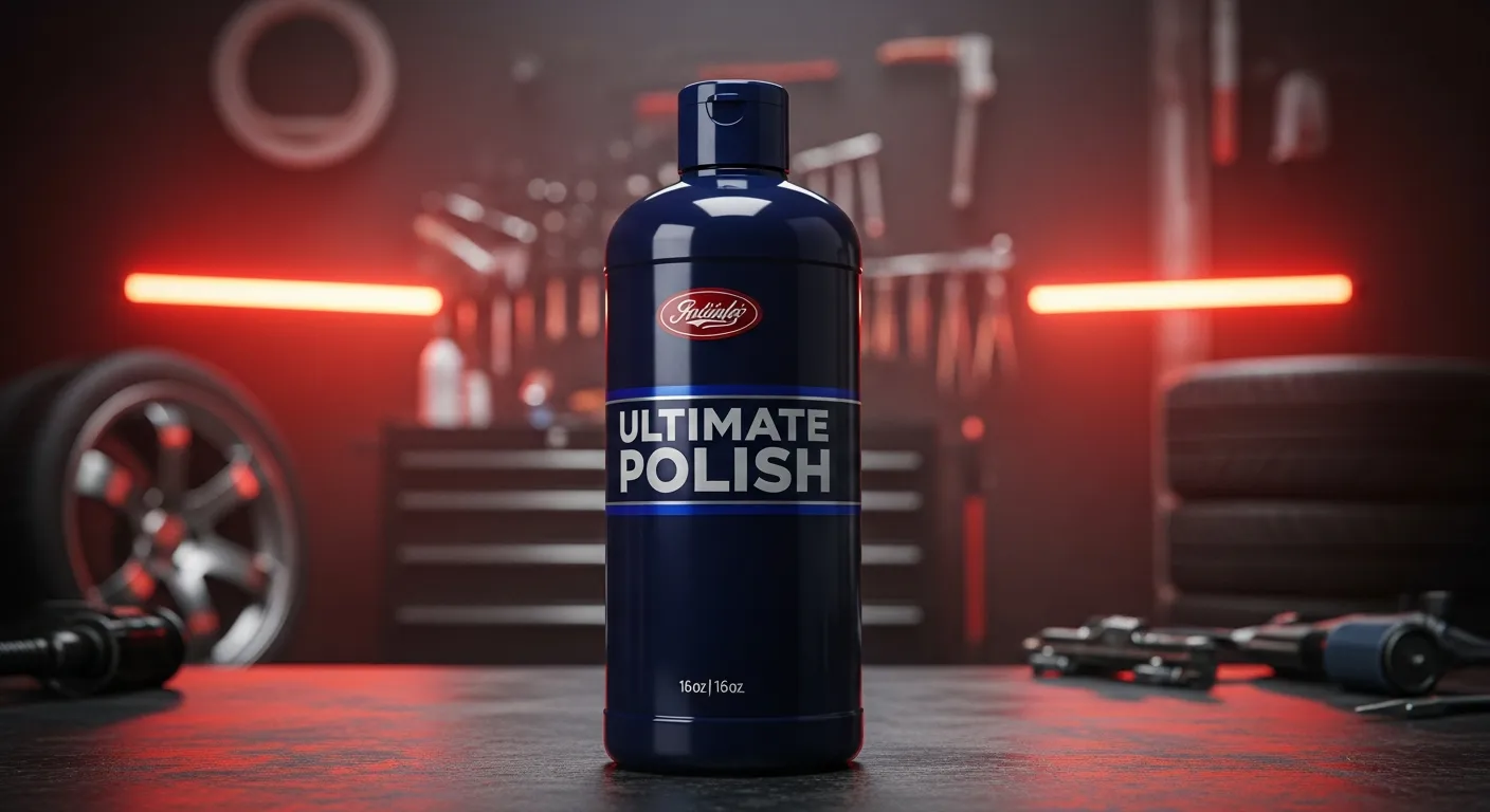 A bottle of Meguiar’s Ultimate Polish on a workbench, our top-rated car polish for 2026