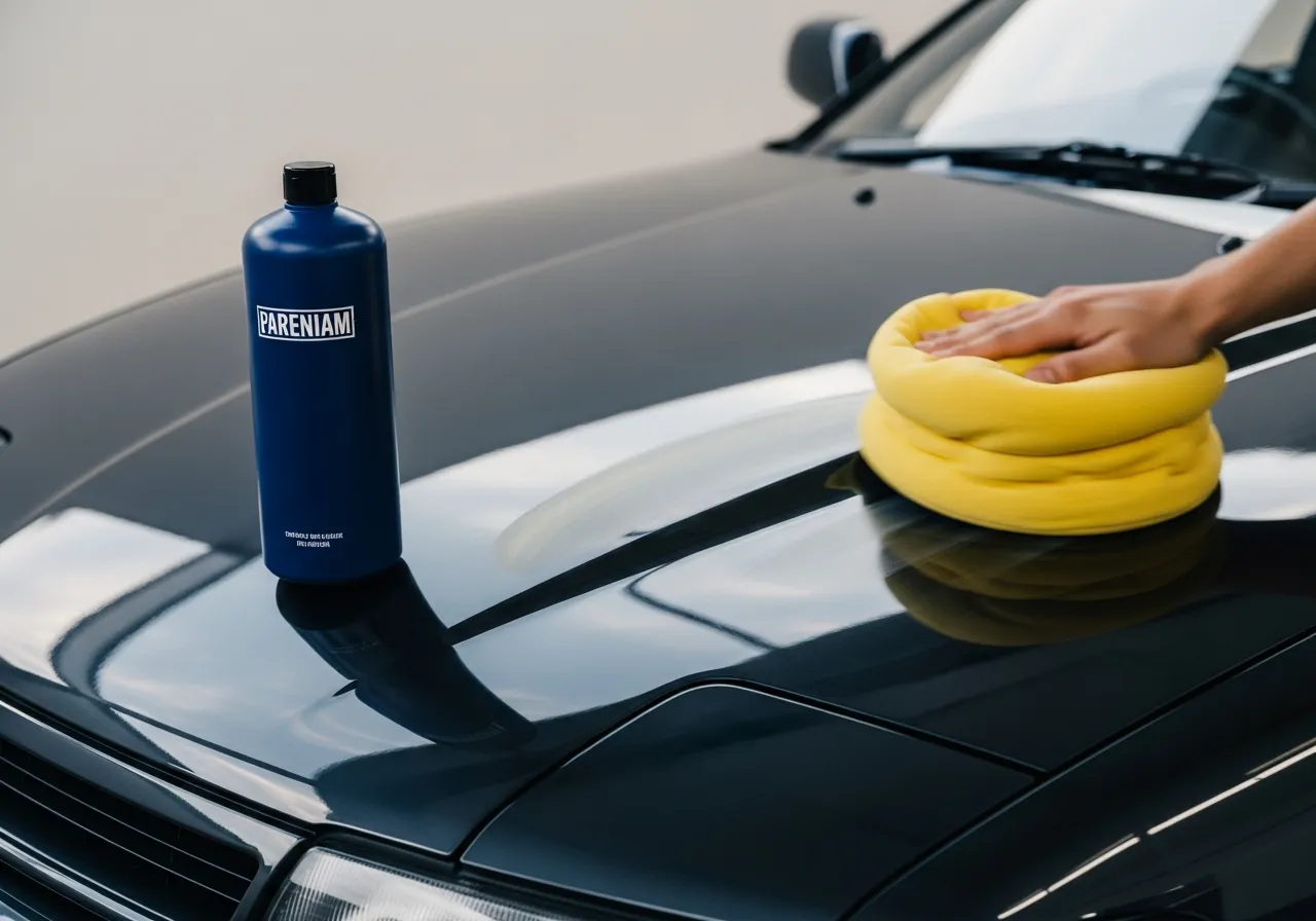 Car polish being worked into a glossy dark hood with a foam pad, restoring deep reflection