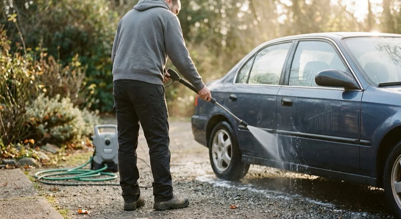 Best Electric Pressure Washer for Cars — a pressure washer nozzle spraying water across a dark car panel
