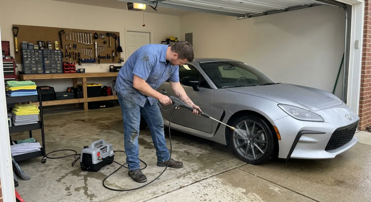 Best Pressure Washer Under $200 for Cars — a pressure washer nozzle spraying water across a dark car panel