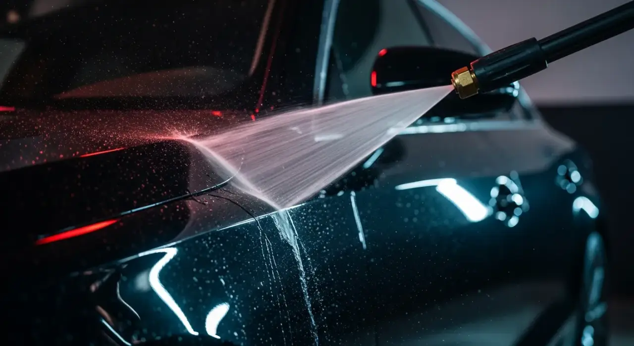 Gas vs Electric Pressure Washer for Detailing — a pressure washer nozzle spraying water across a dark car panel