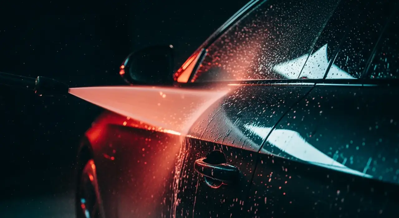 Pressure Washer + Foam Cannon Setup Guide — a pressure washer nozzle spraying water across a dark car panel