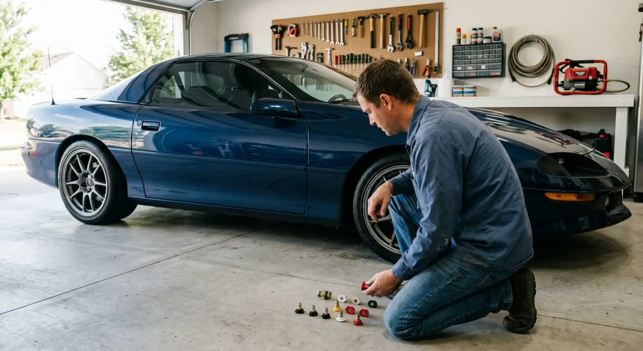 Pressure Washer Nozzles Explained (Car-Safe Tips) — a pressure washer nozzle spraying water across a dark car panel