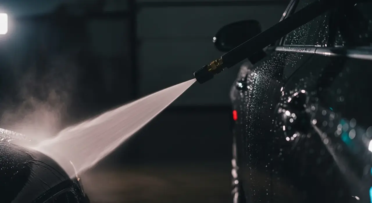 Pressure Washing Mistakes That Damage Cars — a pressure washer nozzle spraying water across a dark car panel