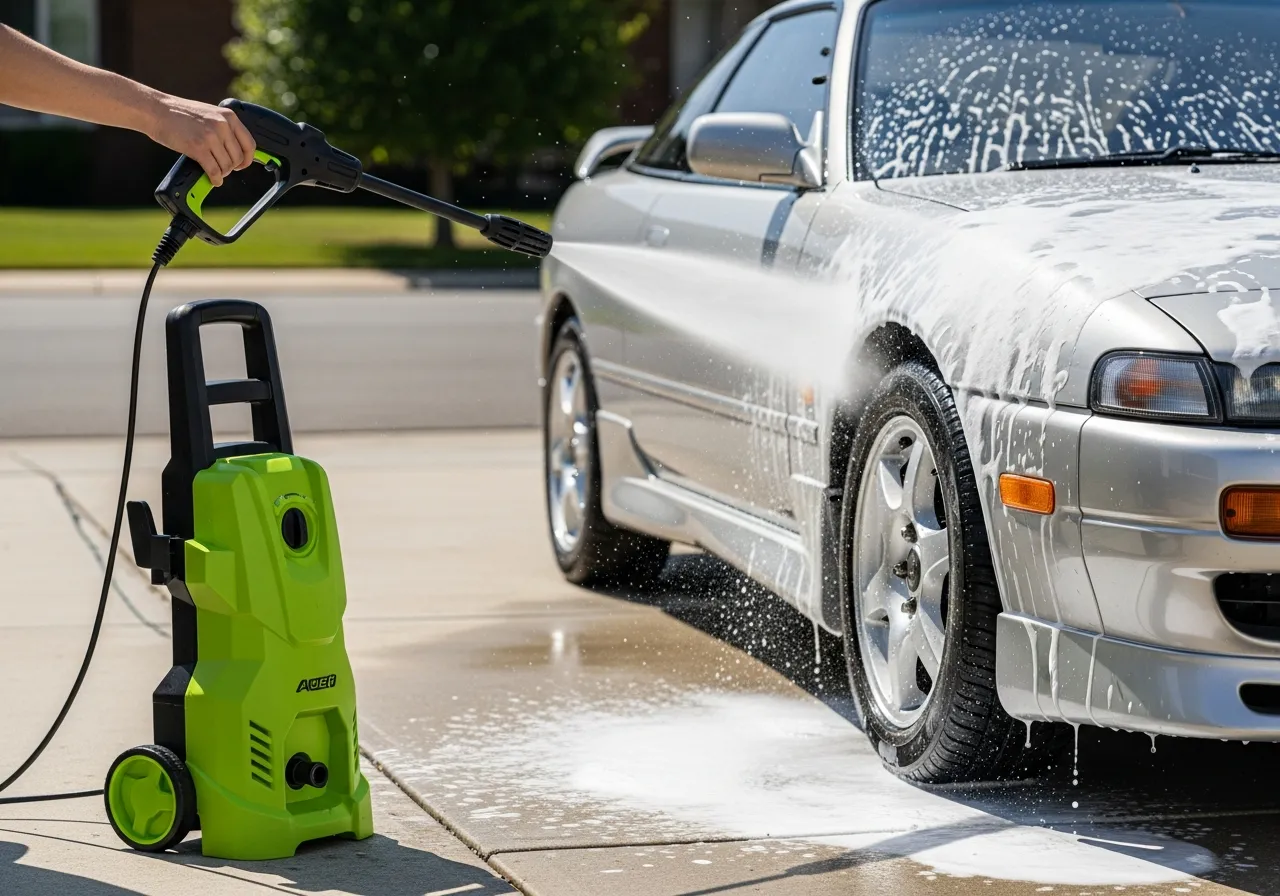 A green electric pressure washer rinsing foam off a dark sports coupe on a driveway