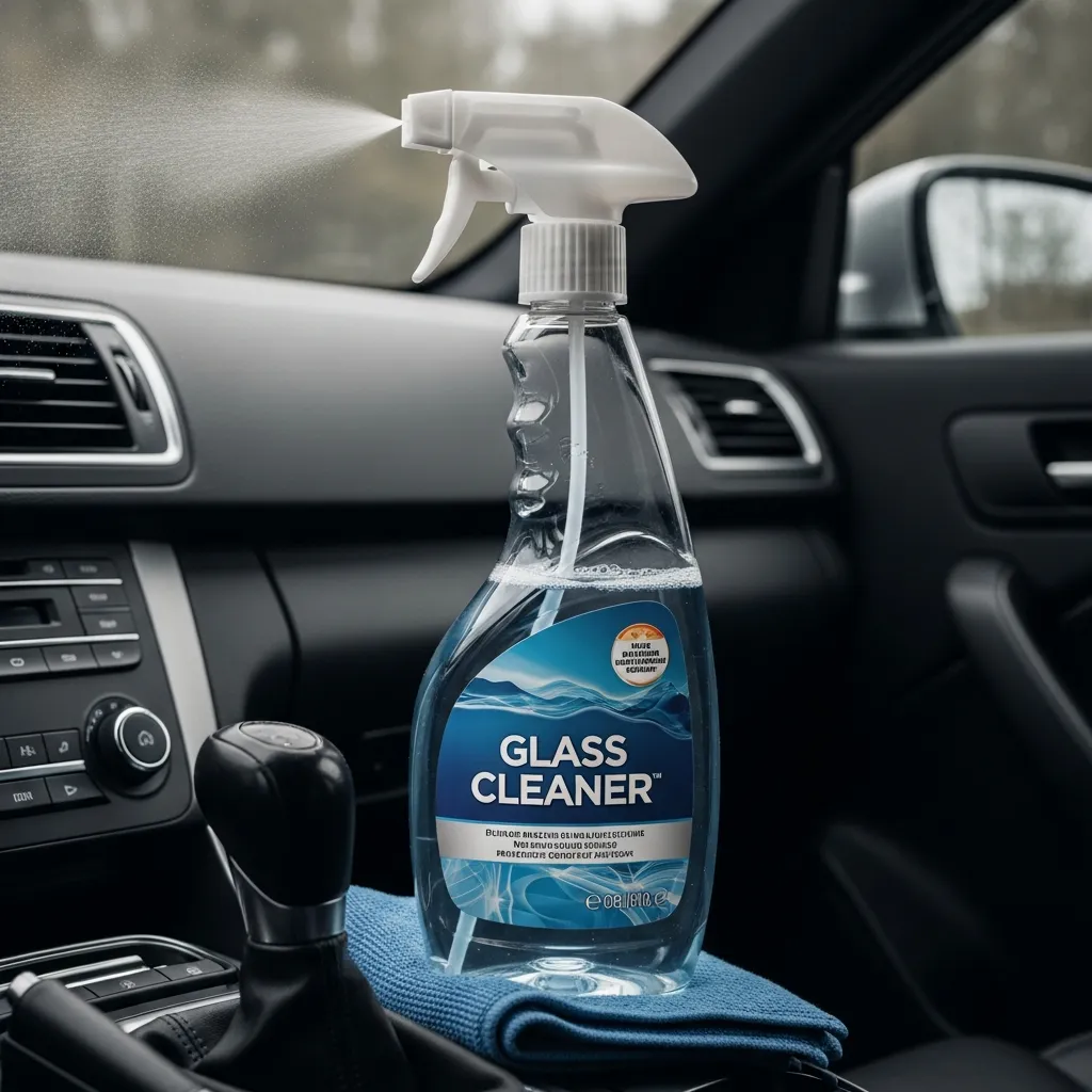 A spray bottle of automotive glass cleaner sitting on a car dashboard in daylight