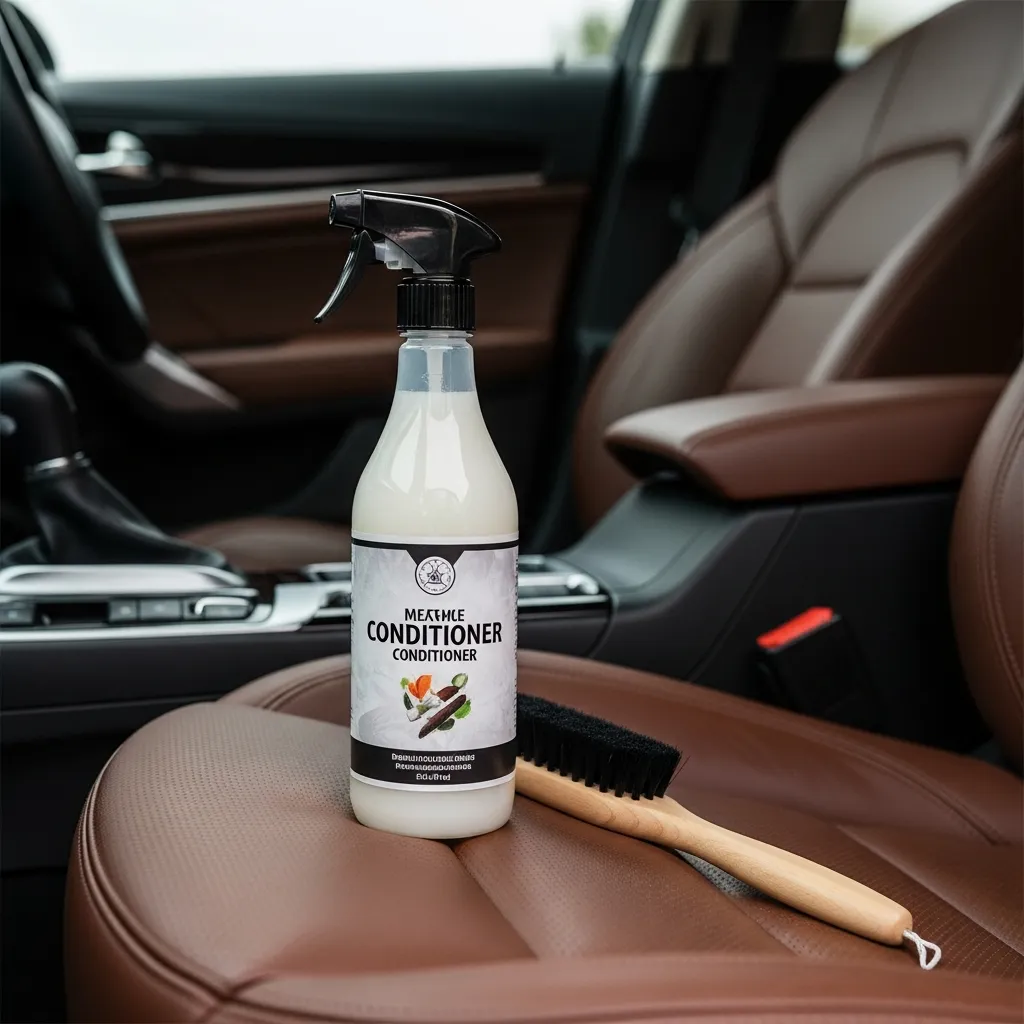 A bottle of leather cleaner and conditioner on a leather car seat, our top-rated leather care for 2026