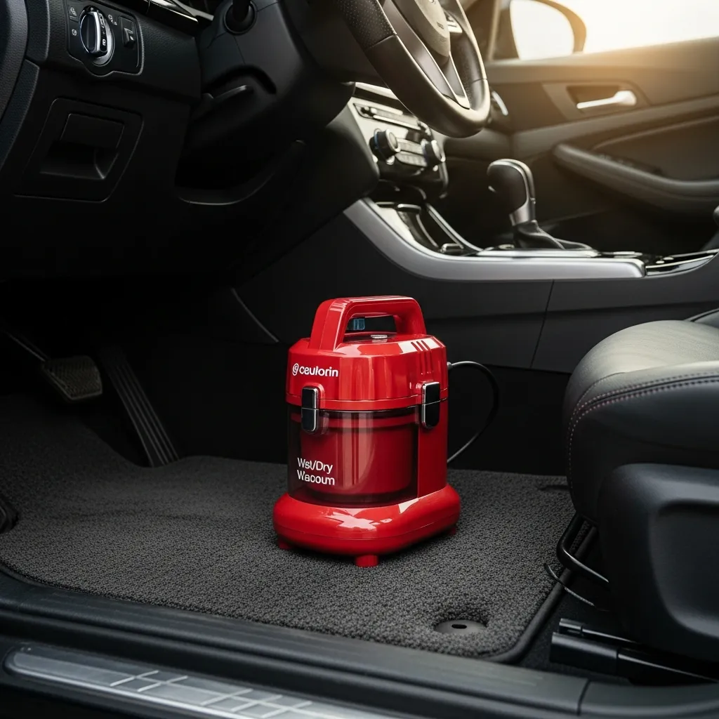 A wet/dry car vacuum on a car floor mat, our top-rated car vacuum for 2026