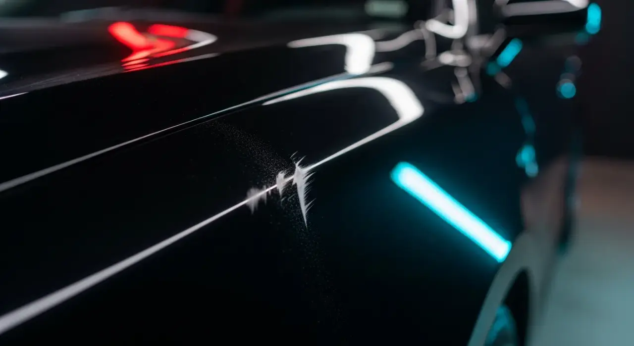 How to Fix a Clear-Coat Scratch (When It Works) — a close-up of a car paint scratch being corrected to a flawless finish