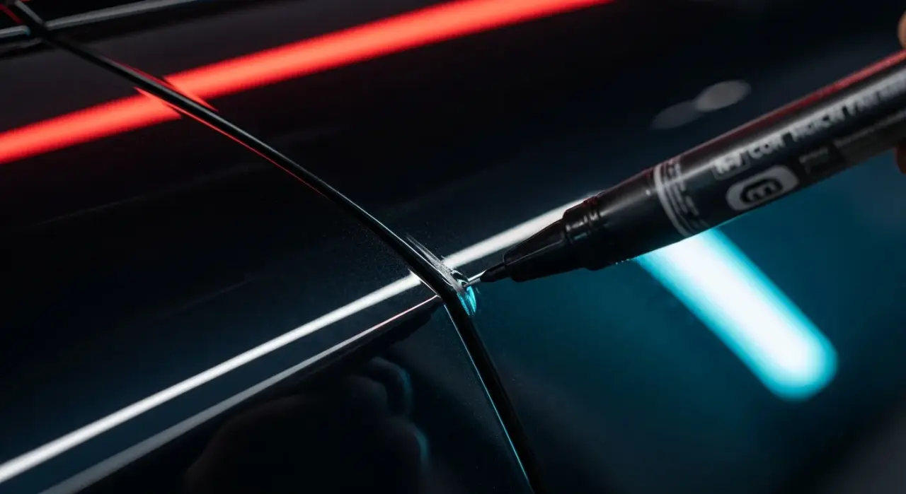 Car Paint Pen Guide: Match, Technique & Best Pens — a close-up of a car paint scratch being corrected to a flawless finish