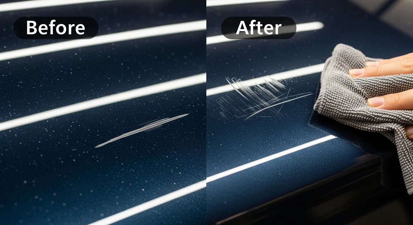 A car scratch being buffed out of dark paint with a cloth, showing before and after