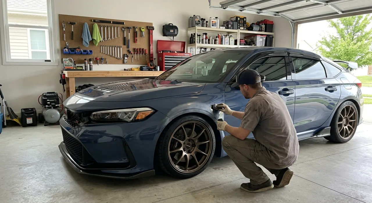 Why Black Trim Goes Gray (UV & Oxidation Explained) — restored deep-black plastic exterior car trim next to faded gray trim