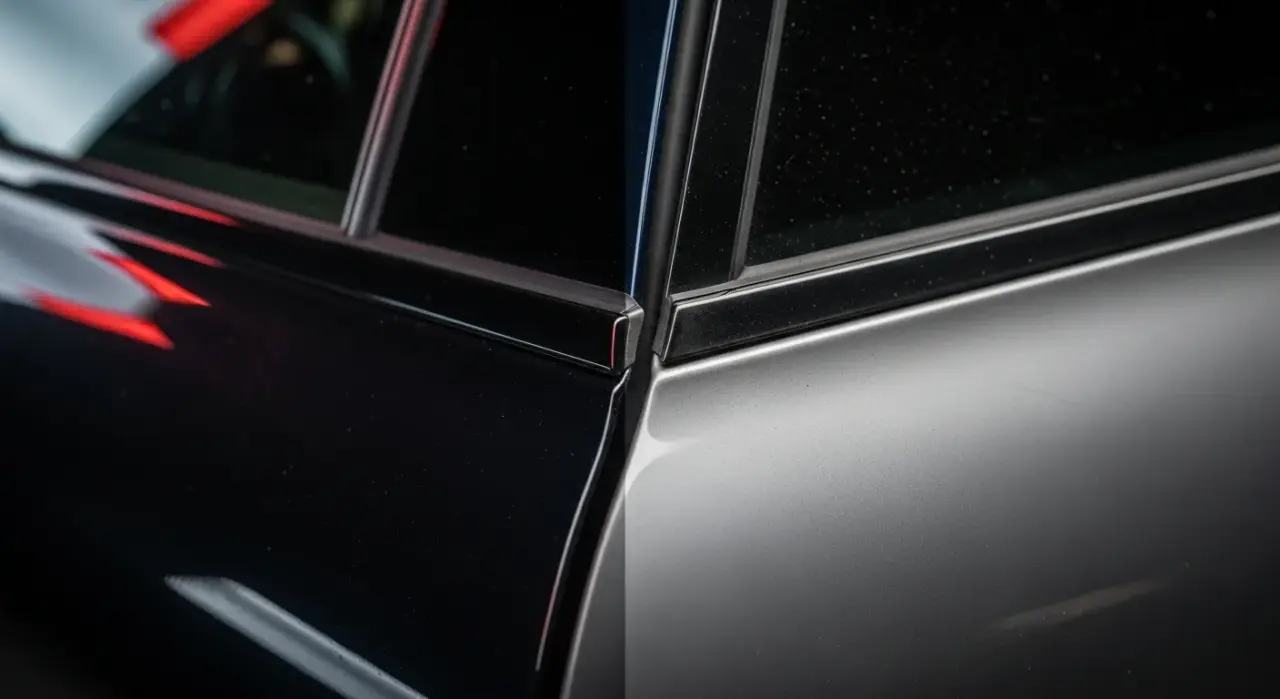 How to Restore Rubber Door & Window Seals — restored deep-black plastic exterior car trim next to faded gray trim