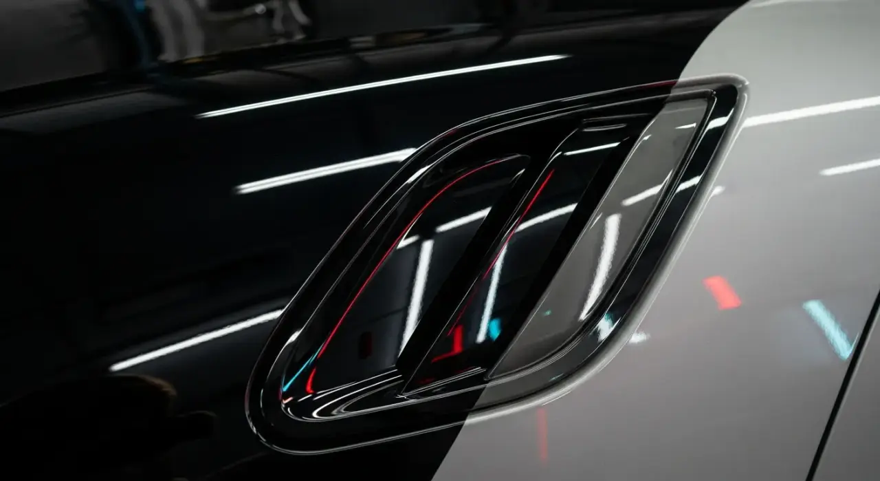 Trim Restorer vs Dressing: What — restored deep-black plastic exterior car trim next to faded gray trim