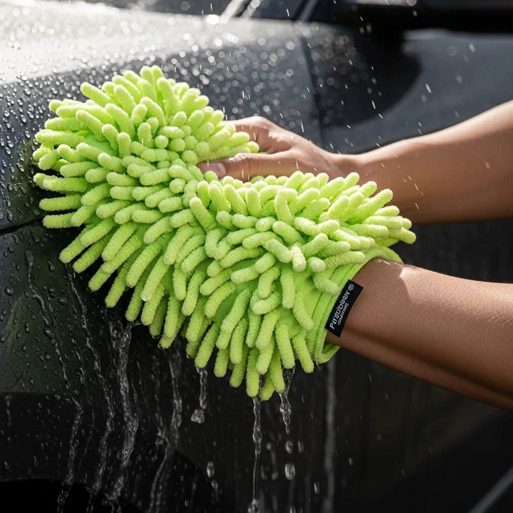 A hand inside the lime-green chenille wash mitt loaded with white suds, washing a car panel