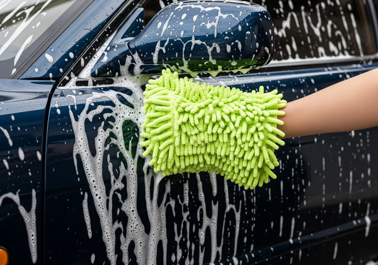 A lime-green chenille wash mitt gliding through thick white foam on the panel of a dark sports coupe