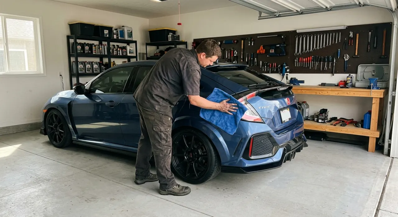 How to Dry a Car Without Water Spots or Scratches — a plush microfiber wash mitt and soapy suds on wet glossy car paint
