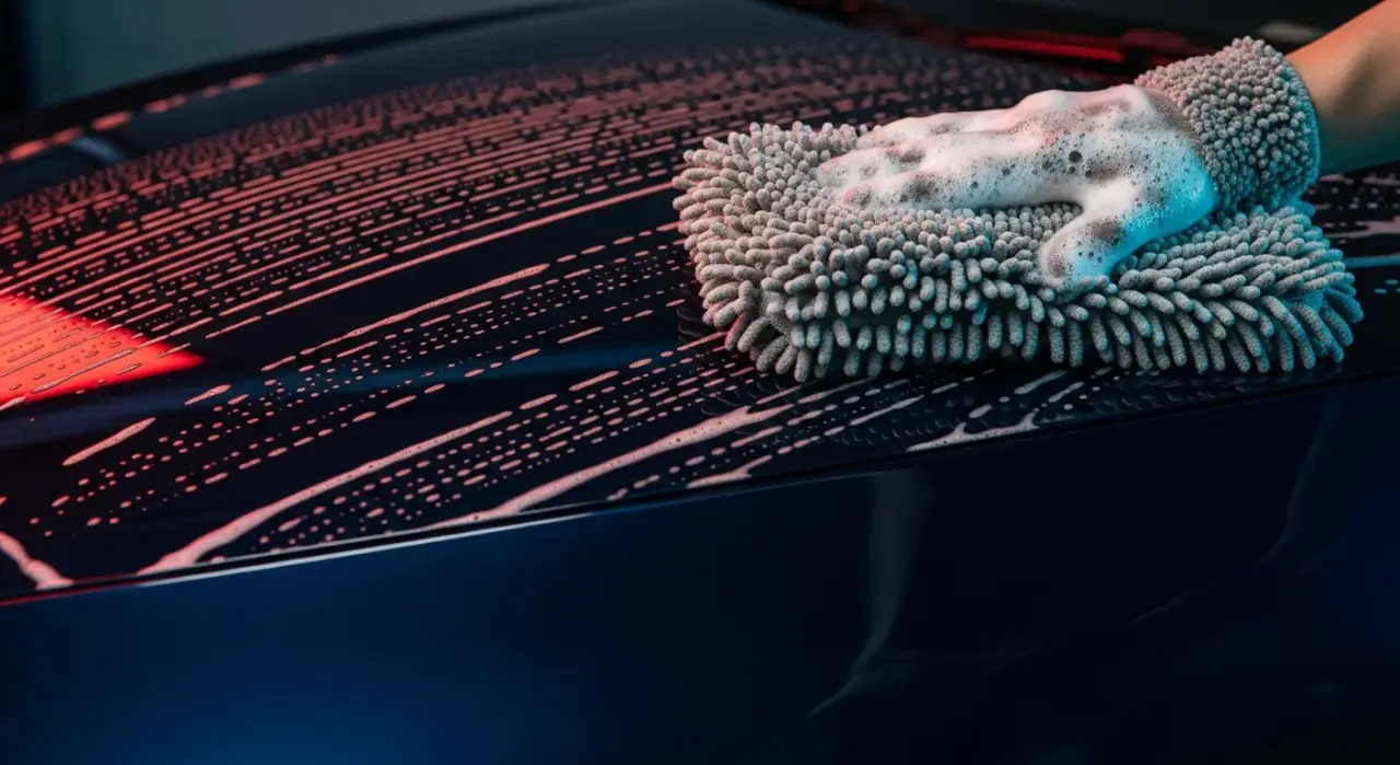 How to Wash a Car the Right Way (Swirl-Free) — a plush microfiber wash mitt and soapy suds on wet glossy car paint