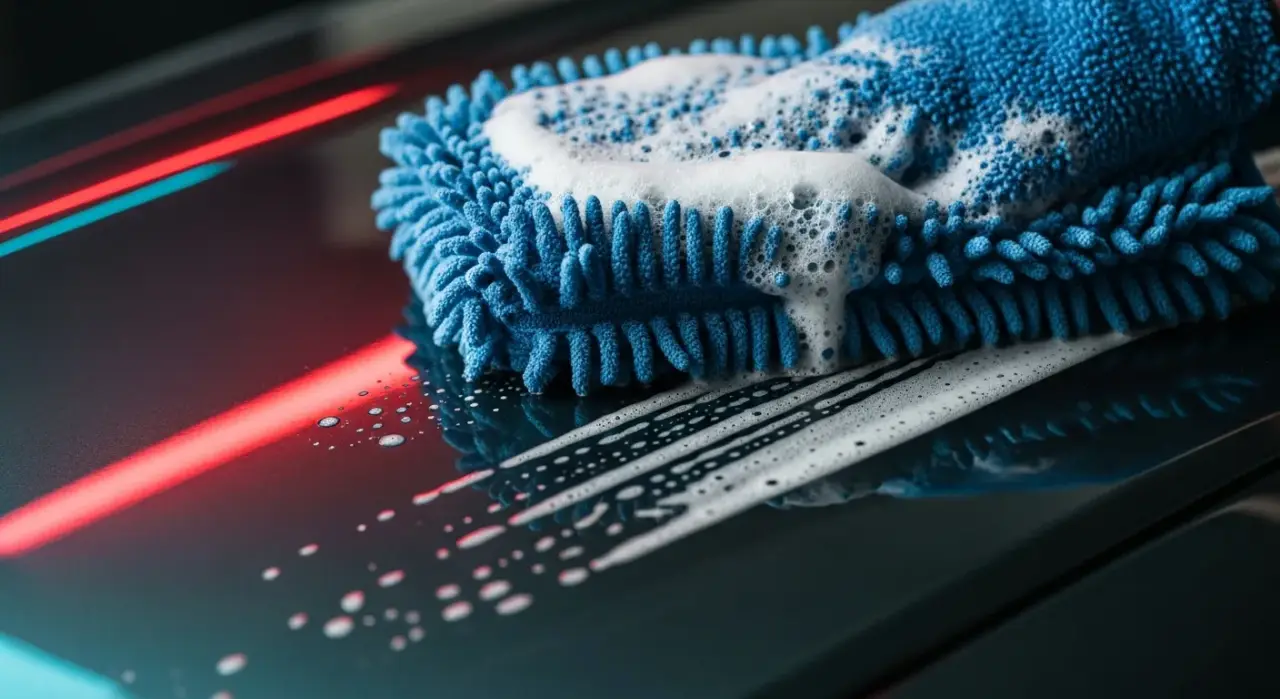 Rinseless vs Waterless Wash: When Each Is Safe (and When It Scratches) — a plush microfiber wash mitt and soapy suds on wet glossy car paint