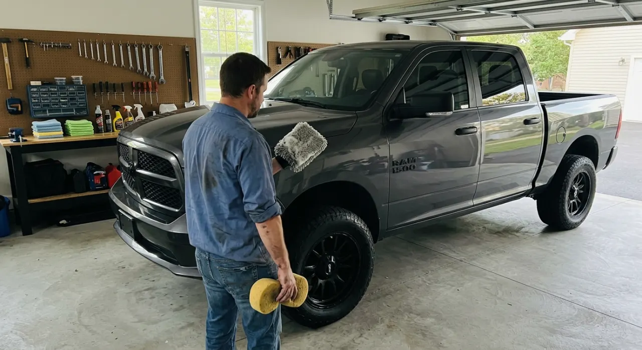 Wash Mitt vs Sponge — a microfiber wash mitt and a sponge on a wet soapy car panel